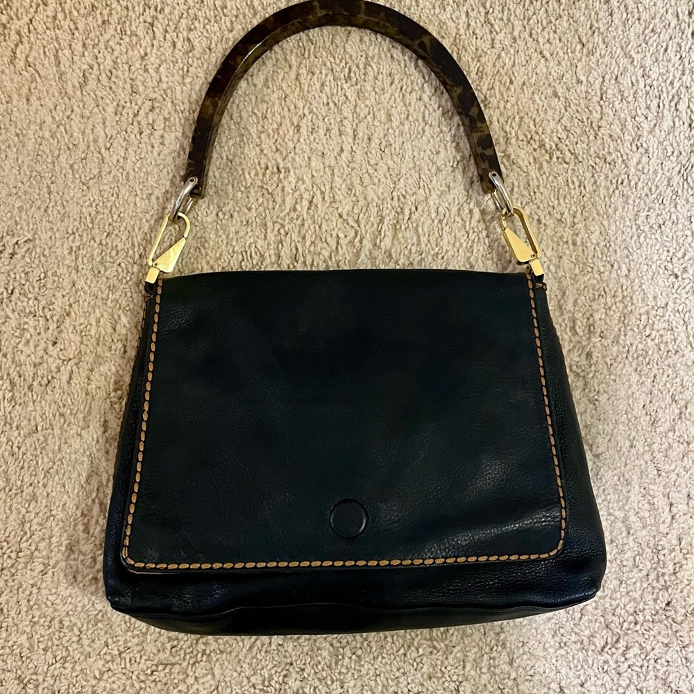 Vintage Plinio Visona Italy Reversible Designer Black Leather Animal Print Bag